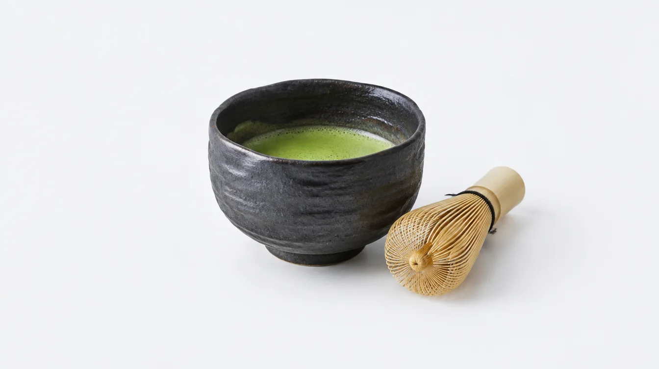 Concept illustration of a dark matcha bowl and a bamboo whisk.